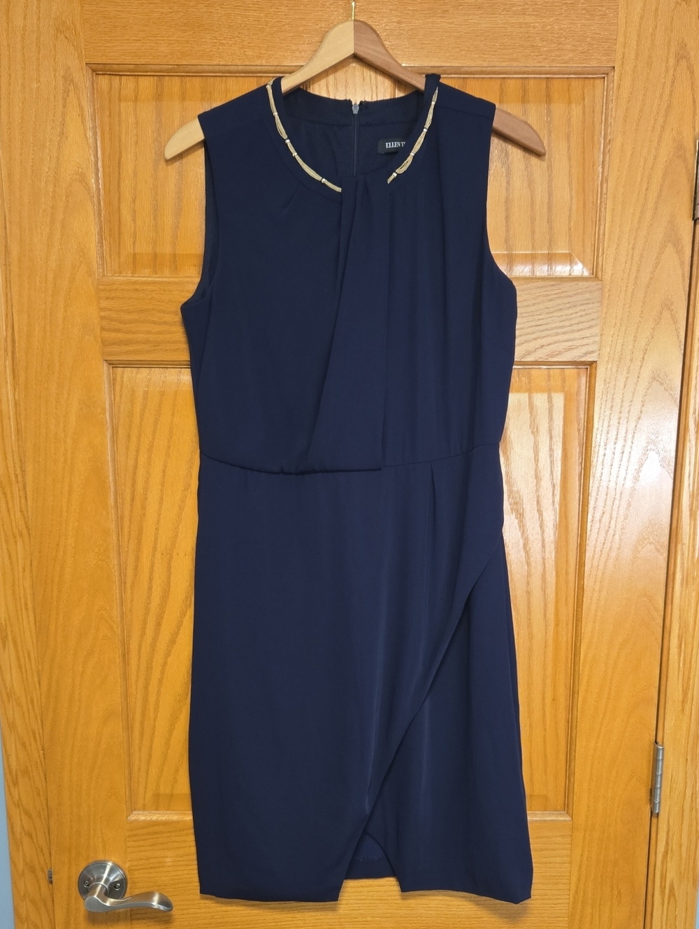 Ellen Tracy Navy Sleeveles Dress with Gold Neckline Detail - Women's Size 12P